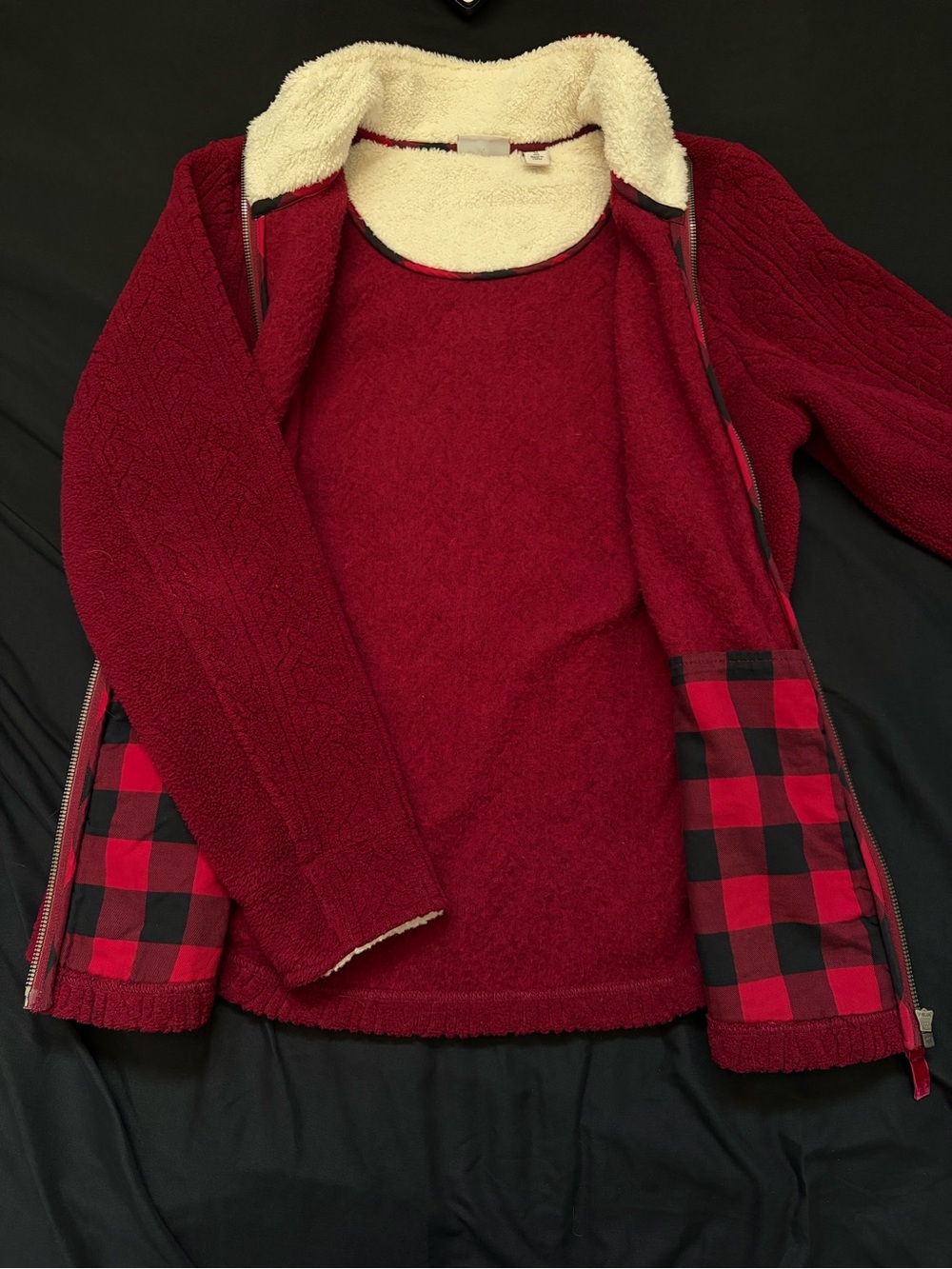 L.L. Bean Women's Deep Red Zip-Up Part Fleeced lined Sweater Plaid Lining